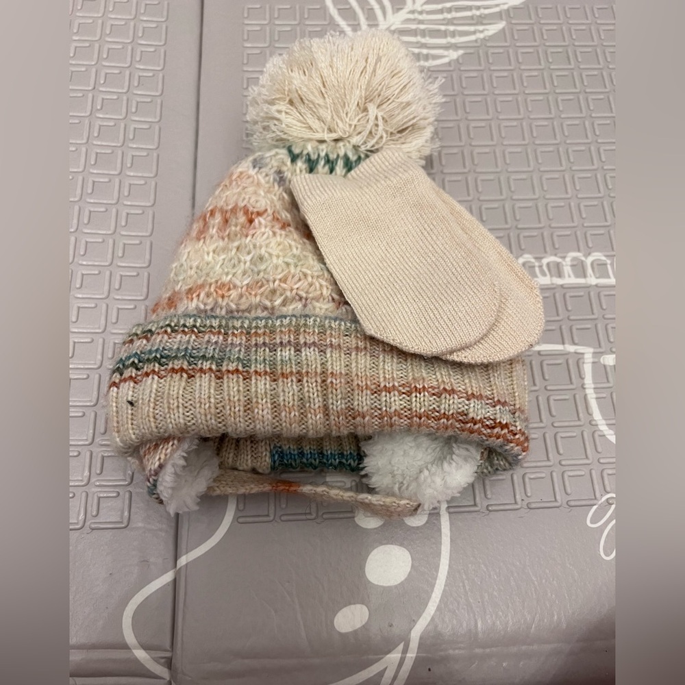 Cat & Jack Striped Knit Hat and Mittens Set - Cream, Orange, Blue